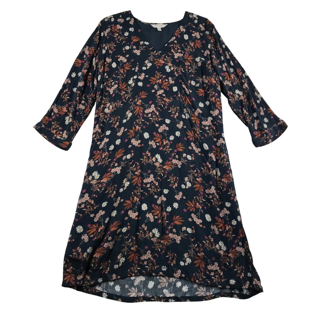 Garnet‎ Hill Navy Floral  EcoVero Viscose V-Neck Shift Dress Large L